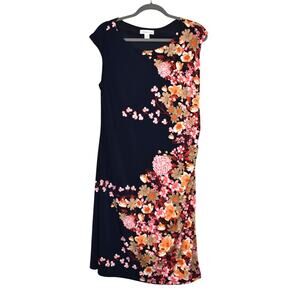 Coldwater Creek Dress Sz XL Floral Navy Blue Brown Straight Knee Garden Classic